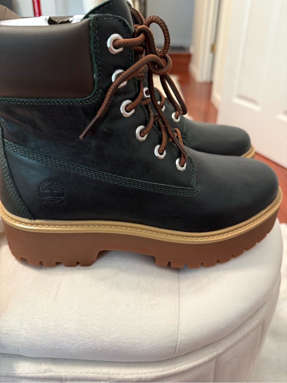 Timberland Dark Green Leather Platform Lug Boots with Brown Sole